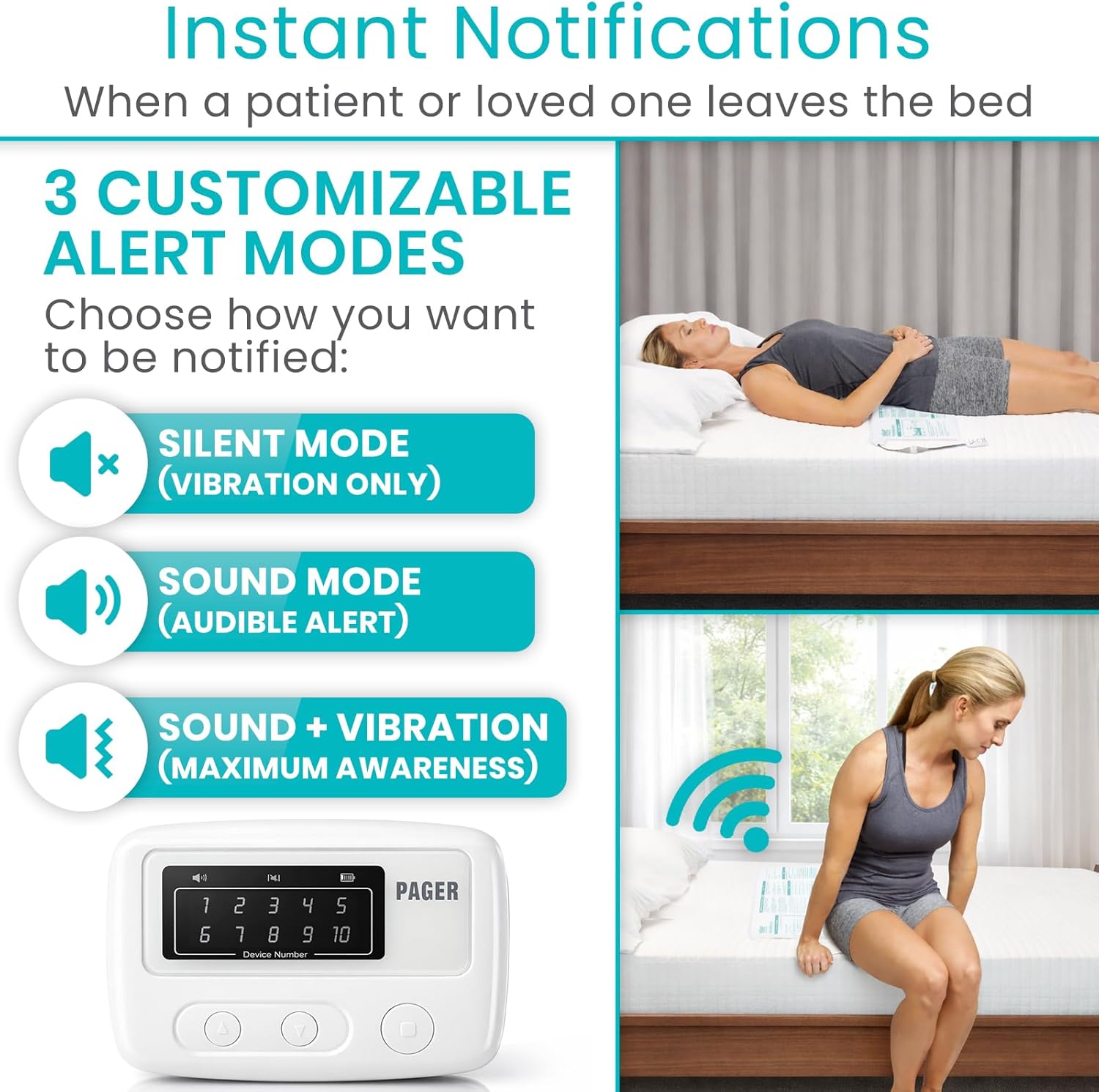 Vive Wireless Bed Alarm - Motion Sensor Kit for Elderly Dementia Patients - Weight Movement Pressure Pad Detector - Automatic Health Alert System for Mat Elderly