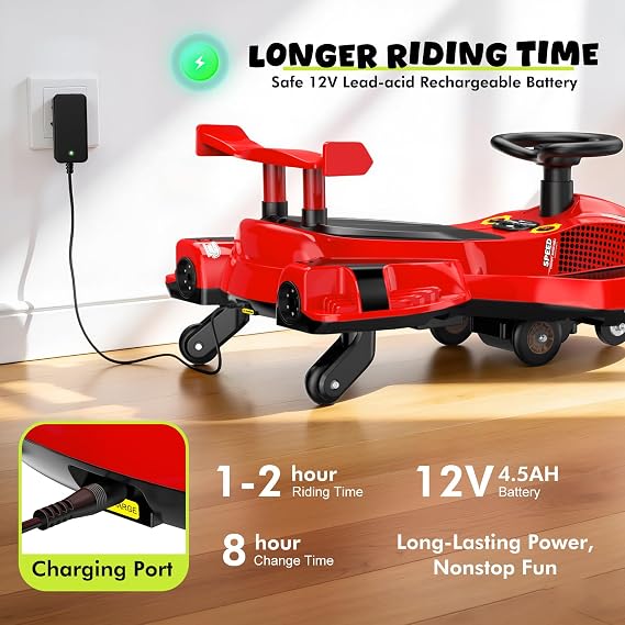 12V Electric Wiggle Car Ultra with Pedals, Rechargeable Swing & Drift Car, Anti-Rollover Design with Backrest, Spray, Flashing Lights, Music & Bluetooth, for Ages 3 and Up, 150 lbs(Red + Black)