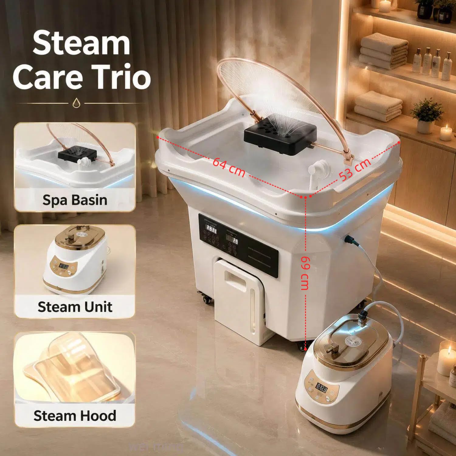 Japanische Head-Spa-Ausrüstung Mobiles Waschbecken Shampoo-Becken mit doppelter Wasserzirkulation Tragbares mit 20 l Abwassertank und 60 l Frischwassertank für Spa-Ausrüstung für Friseure (Weiß)