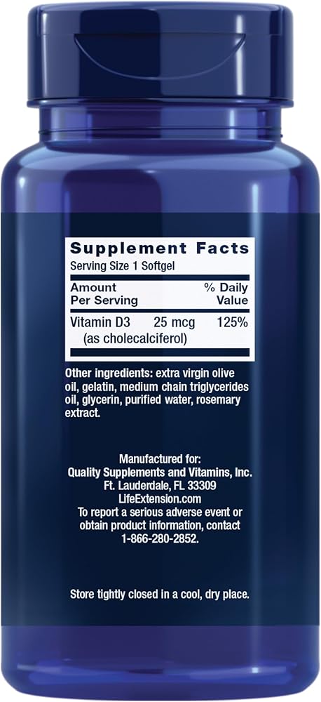 Life Extension Vitamin D3 25 mcg (1000 IU), Immune System Support, Bone Health, Whole-Body Health, Value Size, Gluten-Free, Non-GMO, 250 softgels