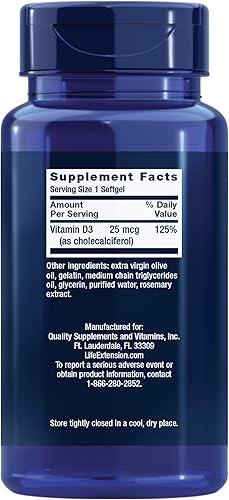 Miniatura 2 de Life Extension Vitamina D3 25 mcg (1000 UI), apoyo al sistema inmunológico, salud ósea, salud de todo el cuerpo, tamaño de valor, sin gluten, sin
