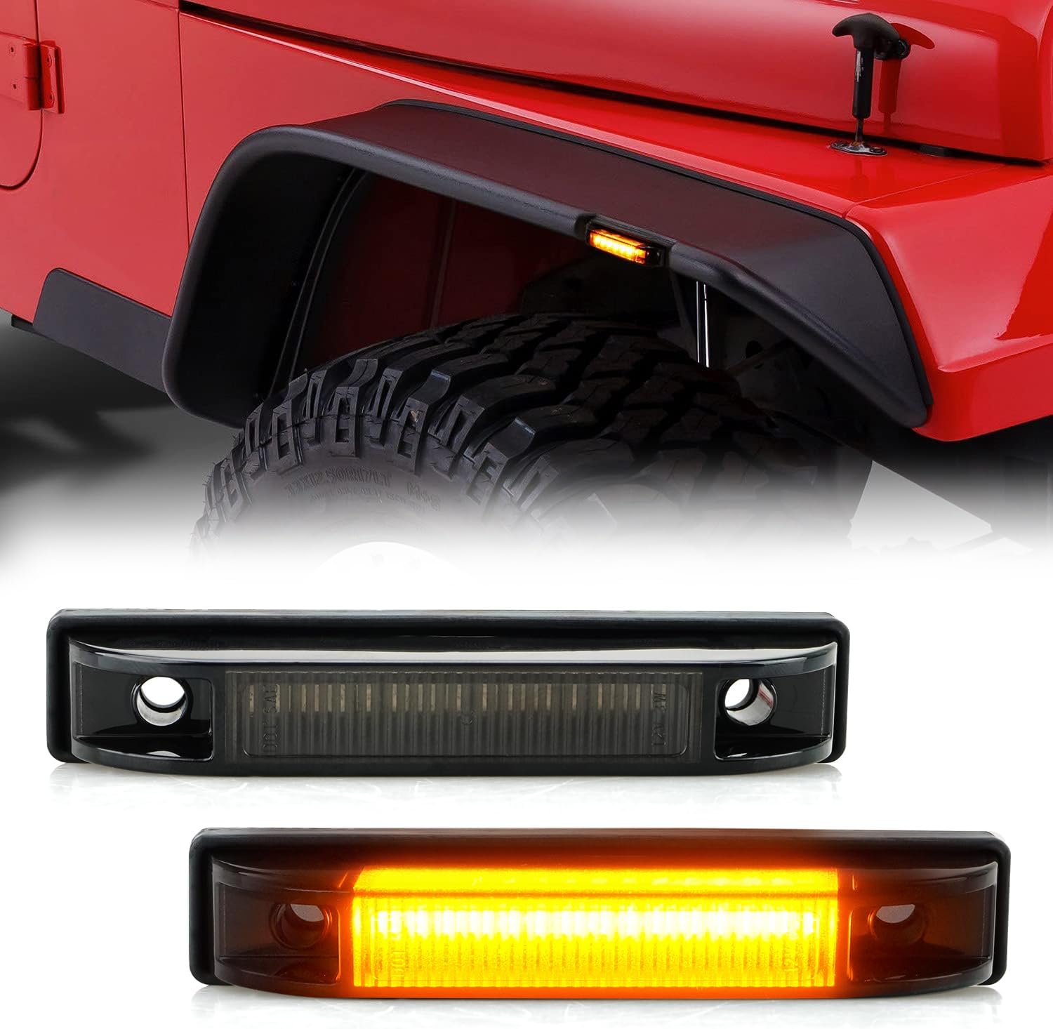 D-Lumina Fender Flare Side Marker Light Assembly Smoked Lens Amber for Je-ep Wrangler TJ JK JL Bushwacker Flat Style Fender Flares, Front Fender Turn Signal Lamp Powered by 18-SMD LED, Pack of 2