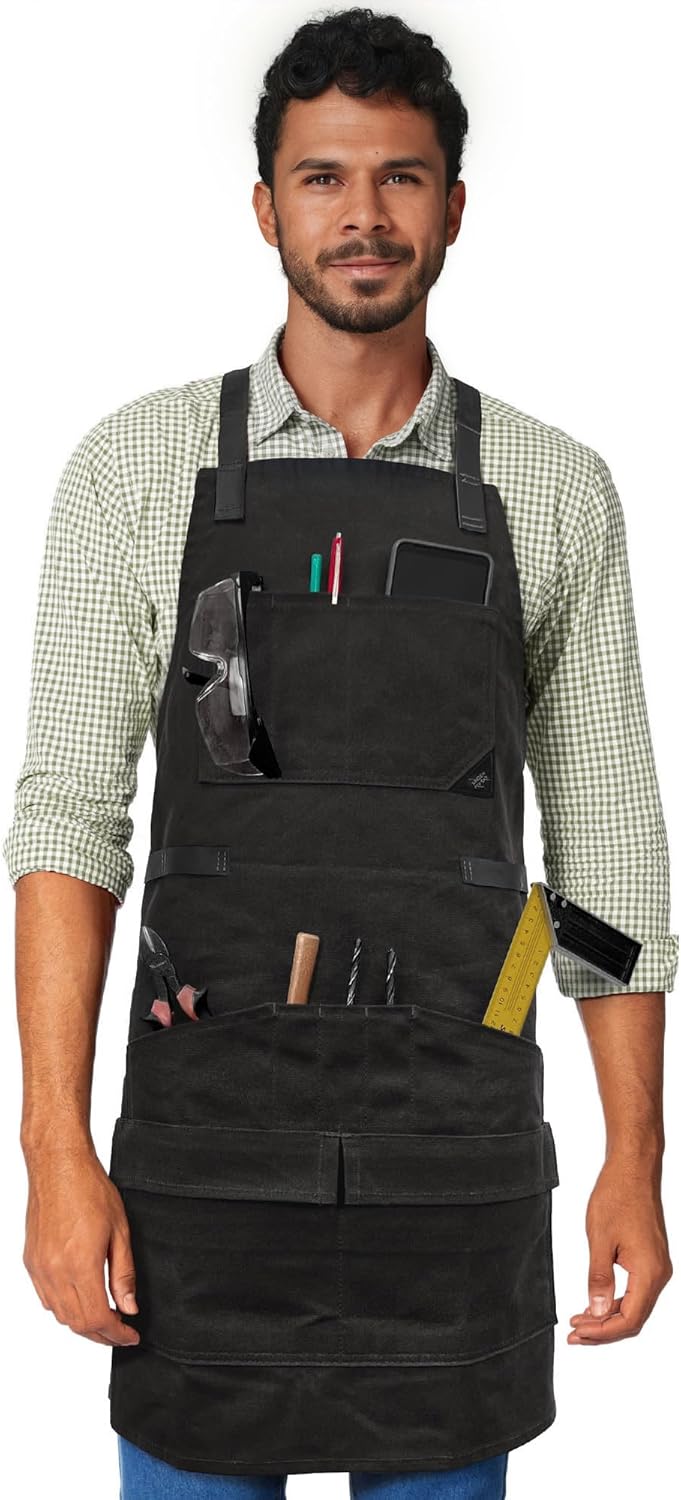 Under NY Sky Essential Black Apron – Heavy Duty Waxed Canvas, Cross-Back, Leather Reinforcement – Adjustable for Men, Women, Pro Mechanic, Welding, Woodwork, Blacksmith, Server Aprons