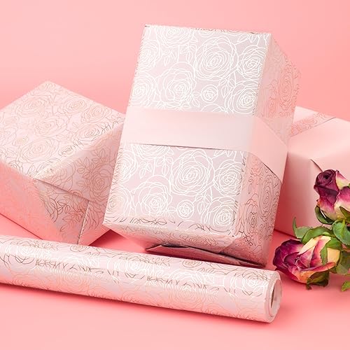Miniatura 10 de LDGOOAEL Mini rollo de papel de regalo pequeño y corto (17 pulgadas x 32.8 pies), rosa rosa con lámina metálica para vacaciones, día de la madre,
