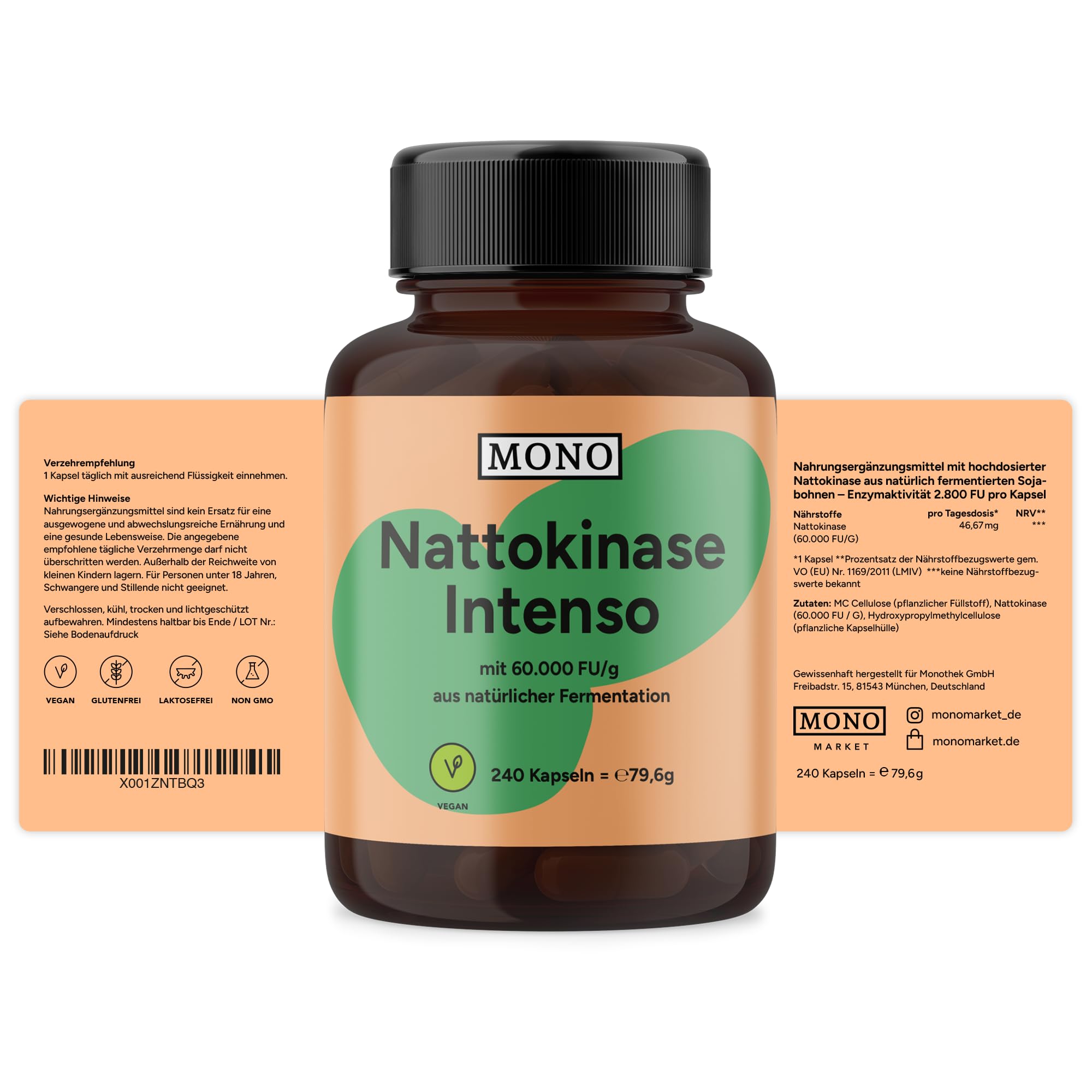 MONO Nattokinase hochdosiert - 240 Kapseln - 60.000 FU/g - natürliche Fermentation aus Sojabohnen - Endprodukt sojafrei – Nattokinase mit 2.800 FU/Kapsel - höchste Enzymaktivität - ohne Zusätze
