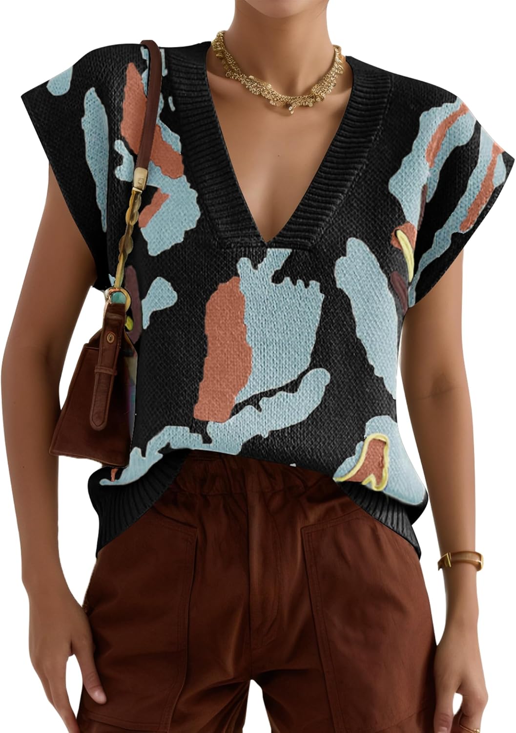 Happy Cherry Women's Color Block Sweater Vest V Neck Floral Print Sleeveless Vintage Contrast Trim Vest Tank Tops