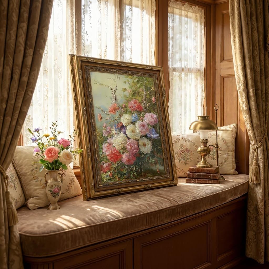 3D Frame Vintage Gold Carving Floral Canvas Wall Art Print of Pink Roses and Peonies Wall Decor Pictures Impressionism Still Life Painting Prints Artwork for Living Room Bedroom Office Home Decoration