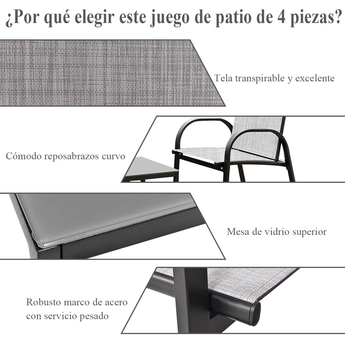 COSTWAY Conjunto Jardin Exterior de 4 Piezas, Tela Textilene, 2 Sillones,1 Banco de 2 Plazas y 1 Mesa de Centro de Hierro, Muebles Jardin Exterior Terraza Balcon (Gris)