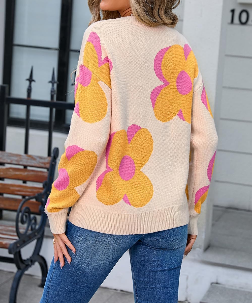 Sumleno Womens Cute Color Block Flower Pattern Sweaters Crewneck Pullover Tops Kawaii Aesthetic Fall Winter Knitwear - Image 5