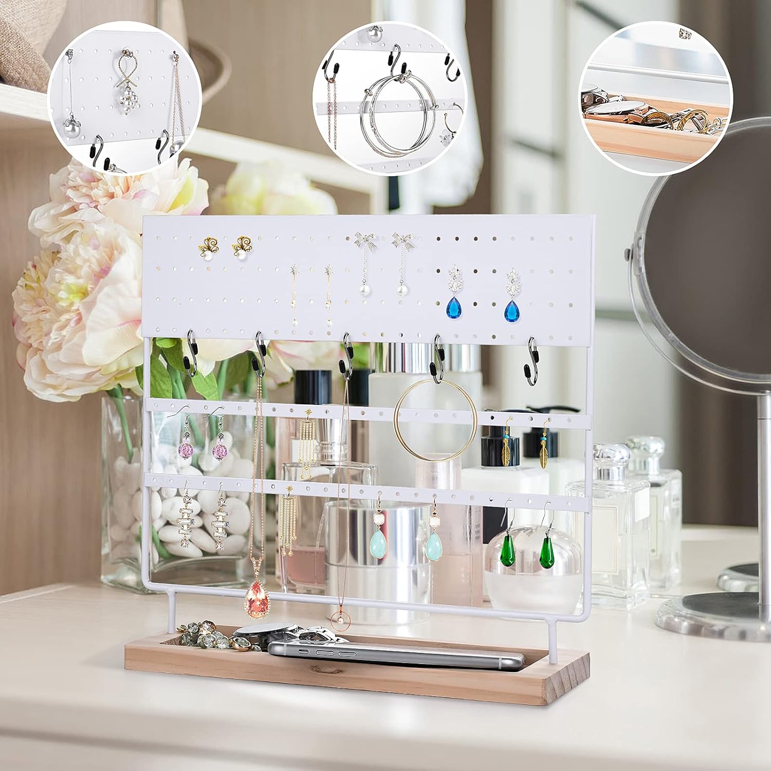 VERGILIUS Earring Holder Organizer Jewelry Display Stands Update Earring Organizer Stand Jewelry Holder Organizer, Earring & Necklace Jewelry Towel Organizer Display Tree (White, 144holes) …