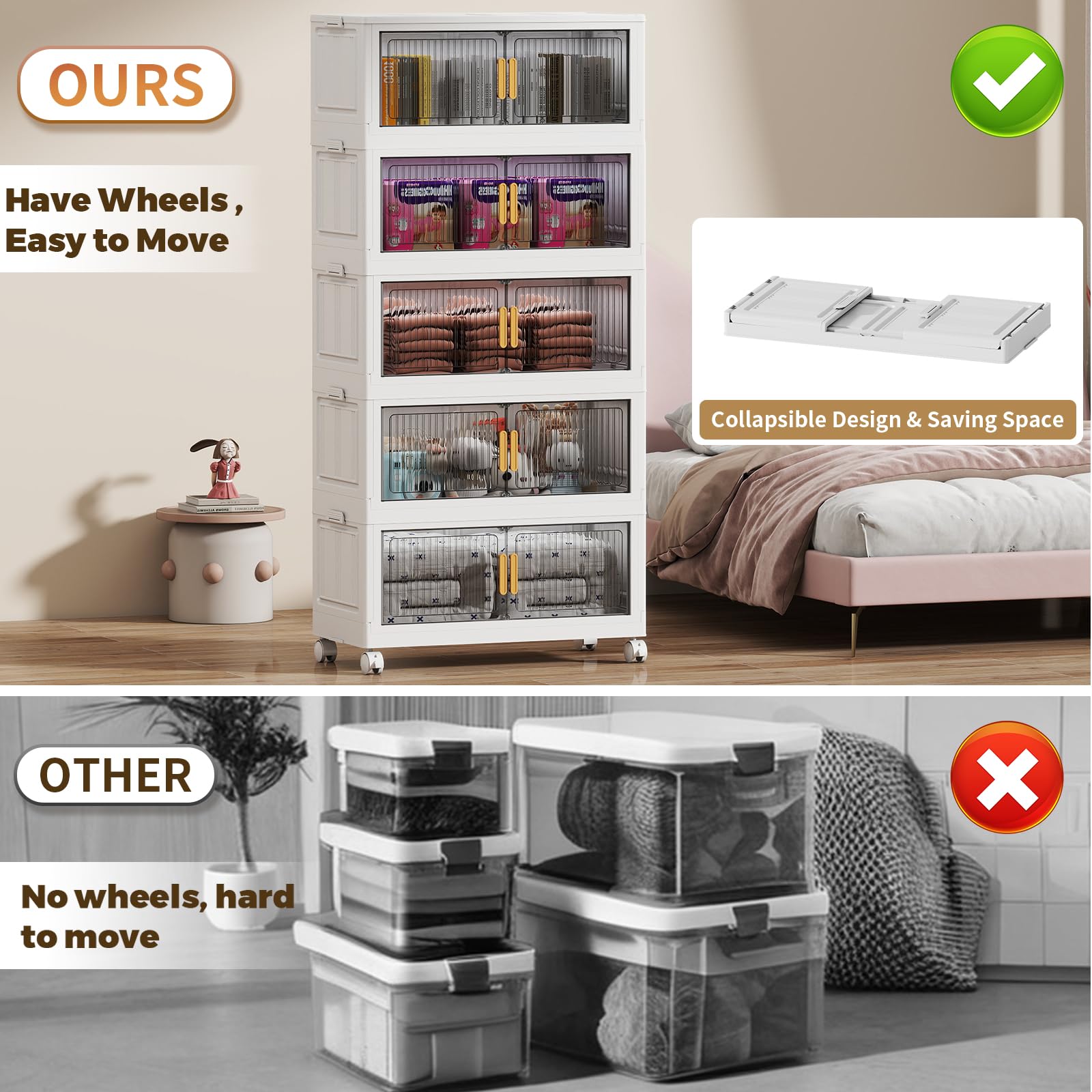 Condition photo showing New/Like New for 100Gal Stackable Plastic Storage Bins with Lids, Collapsible Closet Organizers and Storage with Wheels for Living Room,Office,Dorm 26.8" W x 14.4" D x 60" H, 5 Tier