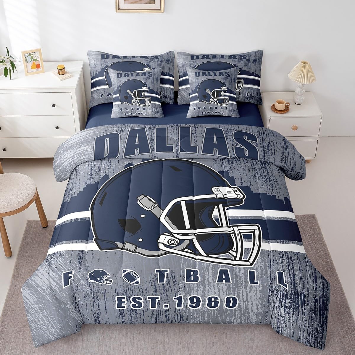 Erosebridal Cowboys Football Bed in A Bag Boys Girls Bedding Set Gridiron Gifts for City Fans Women Men Comforter Sets with Sheets Rugby Sports 7 Pieces Bed Set King