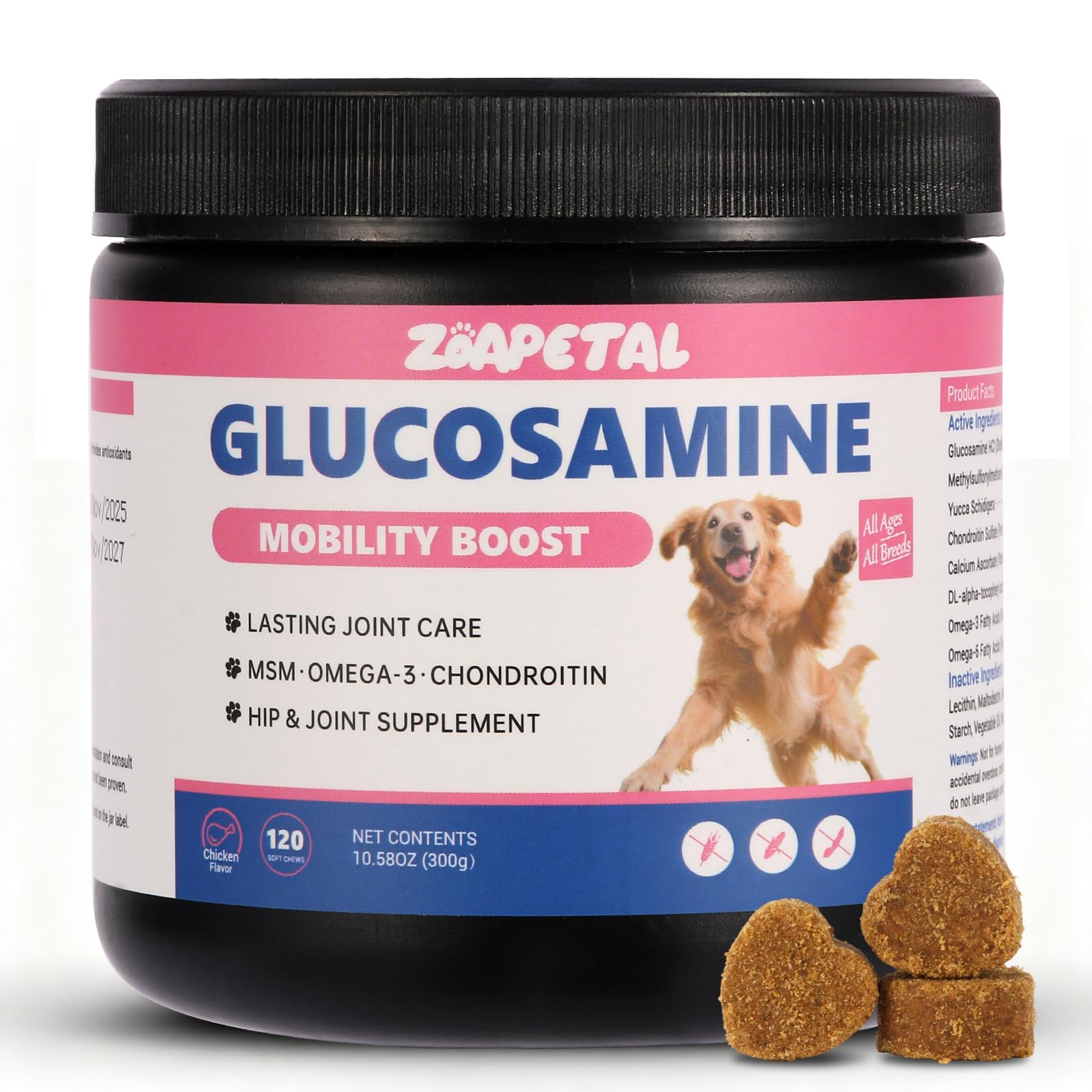 Senior Dog Hip & Joint Supplement – Chicken Flavor Soft Chews with Glucosamine, Chondroitin, MSM, Yucca & Dual Omega 3-6 – Daily Multivitamin for Mobility & Vitality – ZOAPETAL