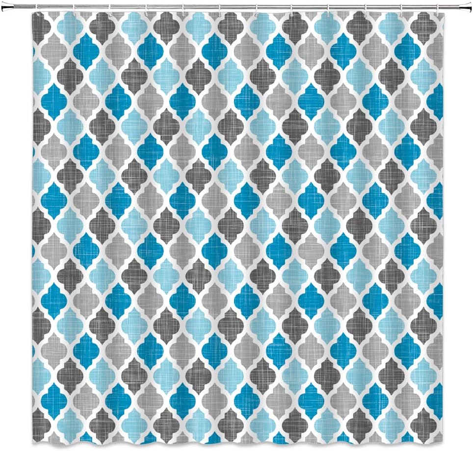 Geometric Quatrefoil Shower Curtain Blue Gray Vintage Farmhouse Moroccan Tile Pattern Heavy Textured Modern Art Home Bathroom Fabric Decor Curtain with Hooks