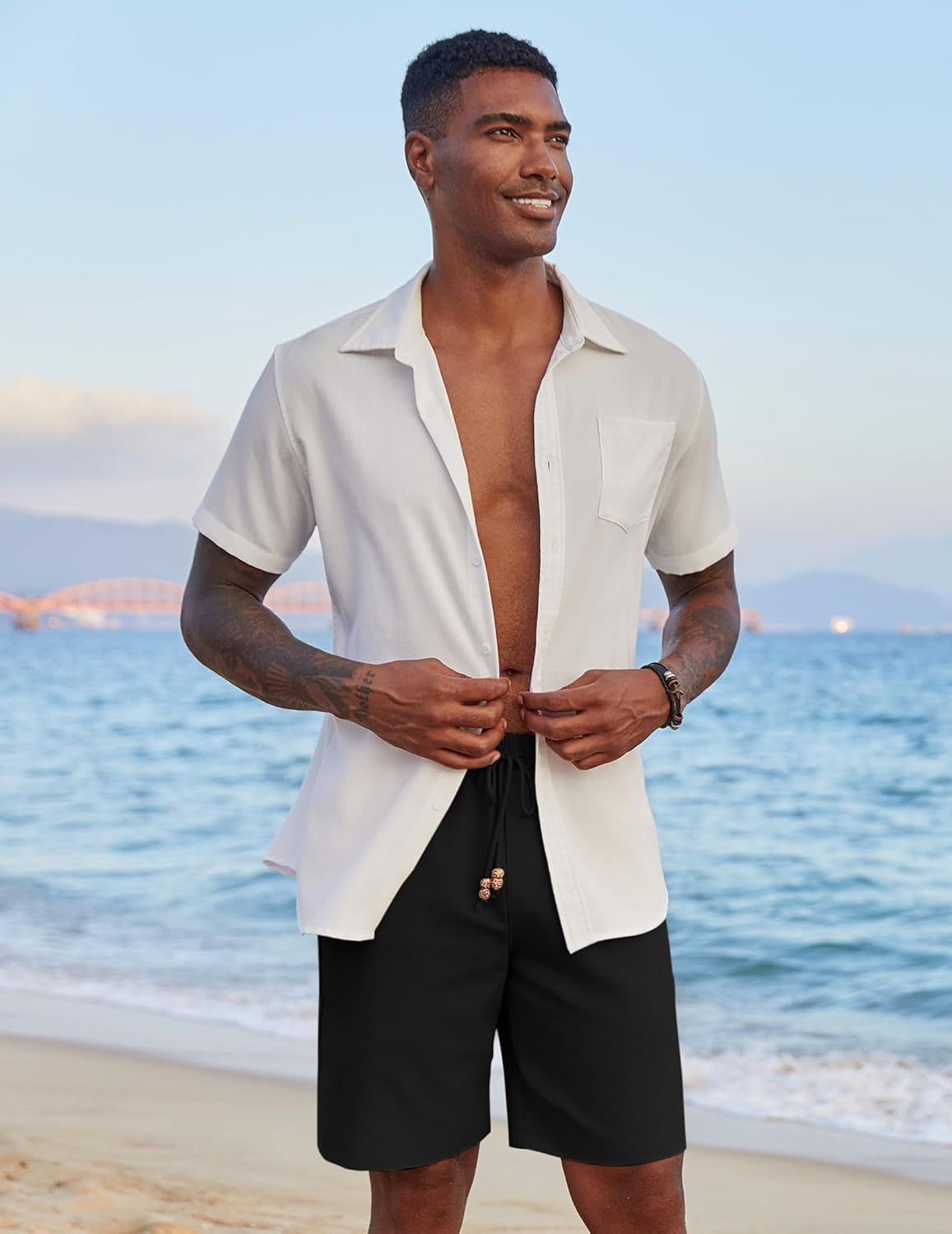 COOFANDY Mens Casual Linen Shorts Elastic Waist Drawstring Loose Fit Summer Beach Vacation Shorts with Pockets - Image 3