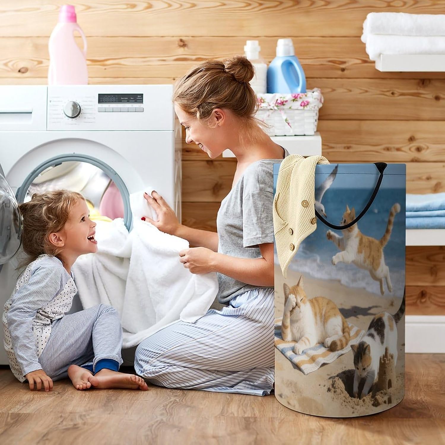 Beach Cat Fun Laundry Hamper 86L Waterproof Collapsible Clothes Basket with Double Handles Freestanding Foldable Laundry Basket Large Clothes Hamper for Bathroom