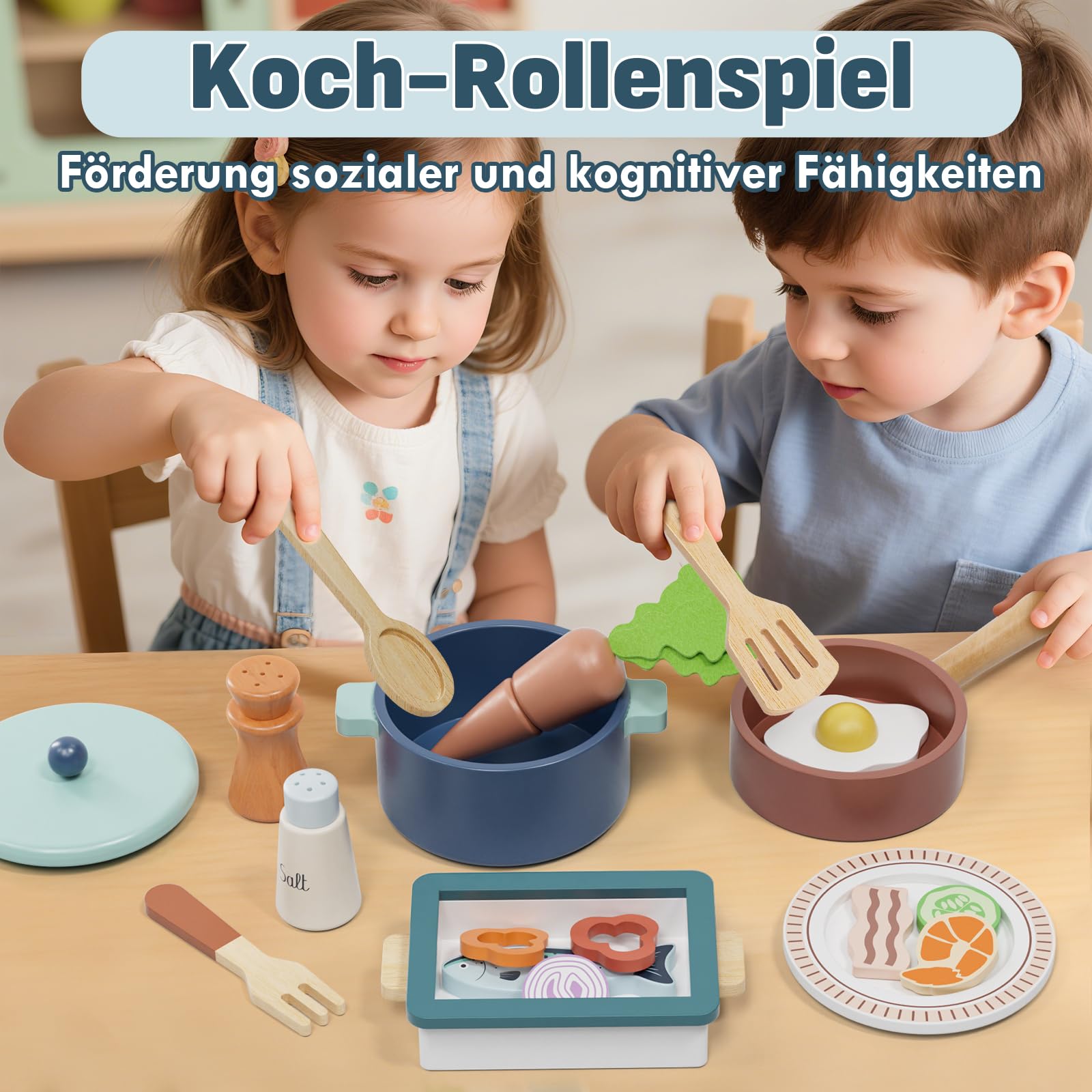 Lehoo Castle Kinderküche Zubehör, Spielküche Zubehör Holz, Kinder Küchenset, Kinderküche Geschirr mit Töpfe und Kochgeschirr, Spielzeug ab 3 Jahre