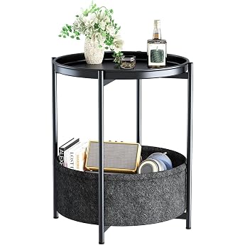 Round Side Table, Small Table, Metal Balcony Table, Sofa Table, 2 Levels, Coffee Table with Fabric Basket, Bedside Table, Liv
