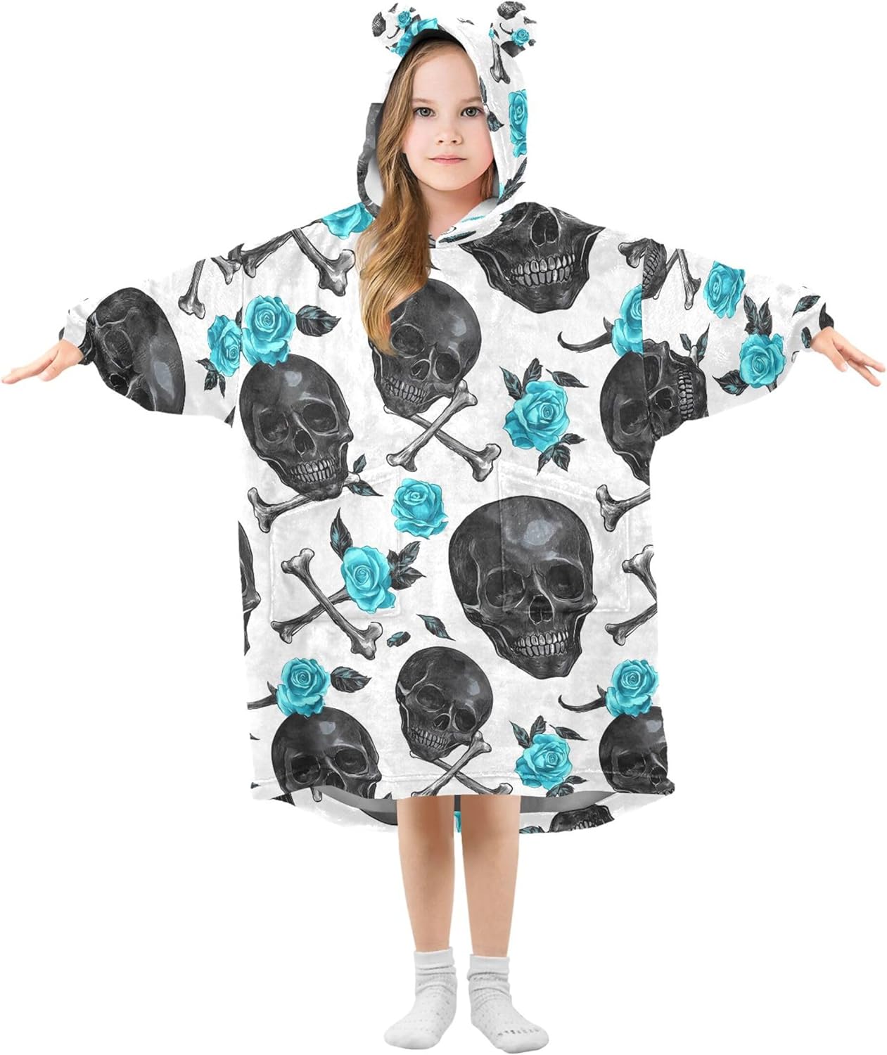 Skull Flower Kids Wearable Blanket Hoodie with Pocket and Sleeves for Toddlers, Cute Hoodies 3-14 Year Girls Boys