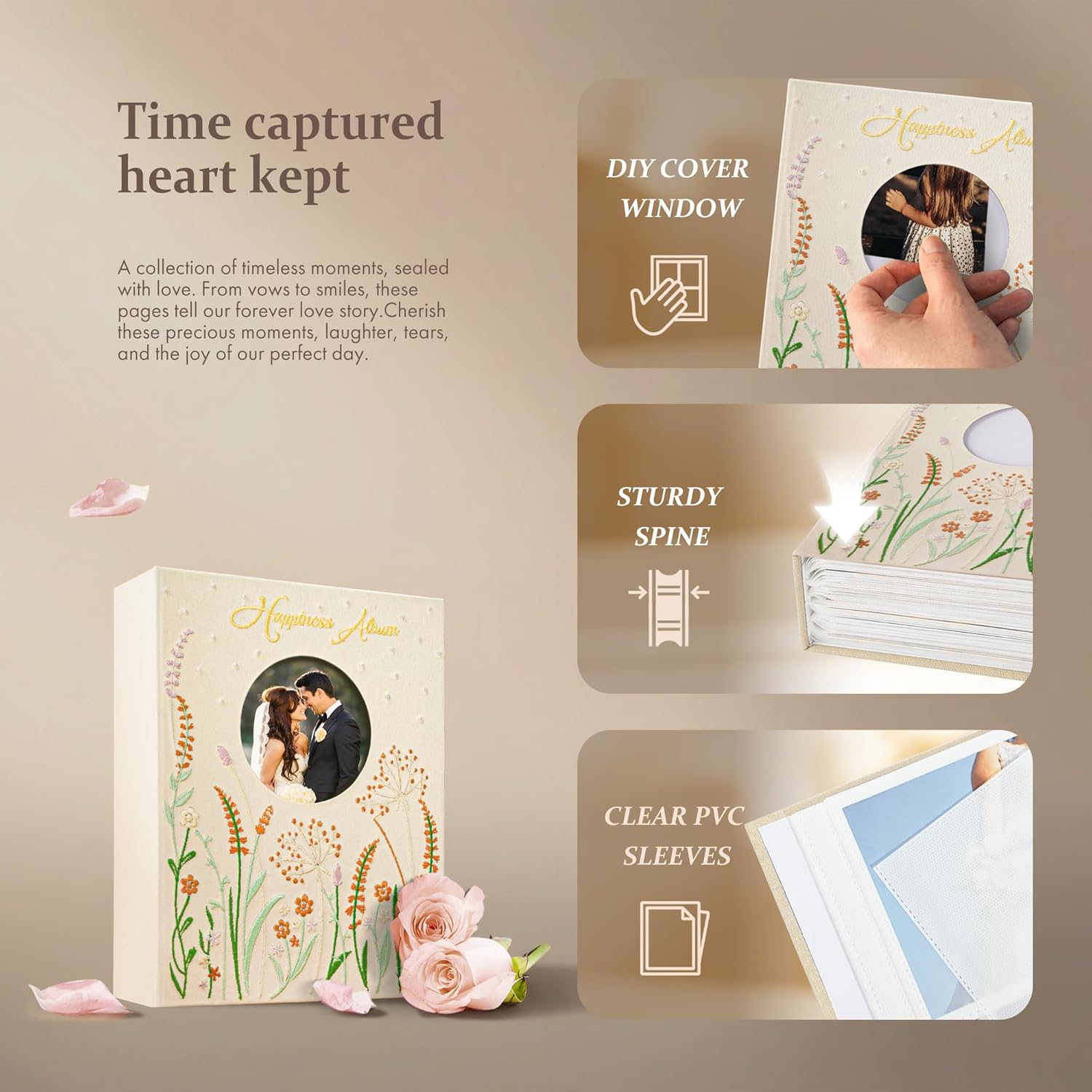 Wedding Elegant Embroidery Photo Album with Window Matting Pages– Holds 200+ 4x6 Pictures– Luxury Wedding Guest Book, Baby Memory Album, Family Travel Scrapbook Gift (Yellow, 200 Pockets)