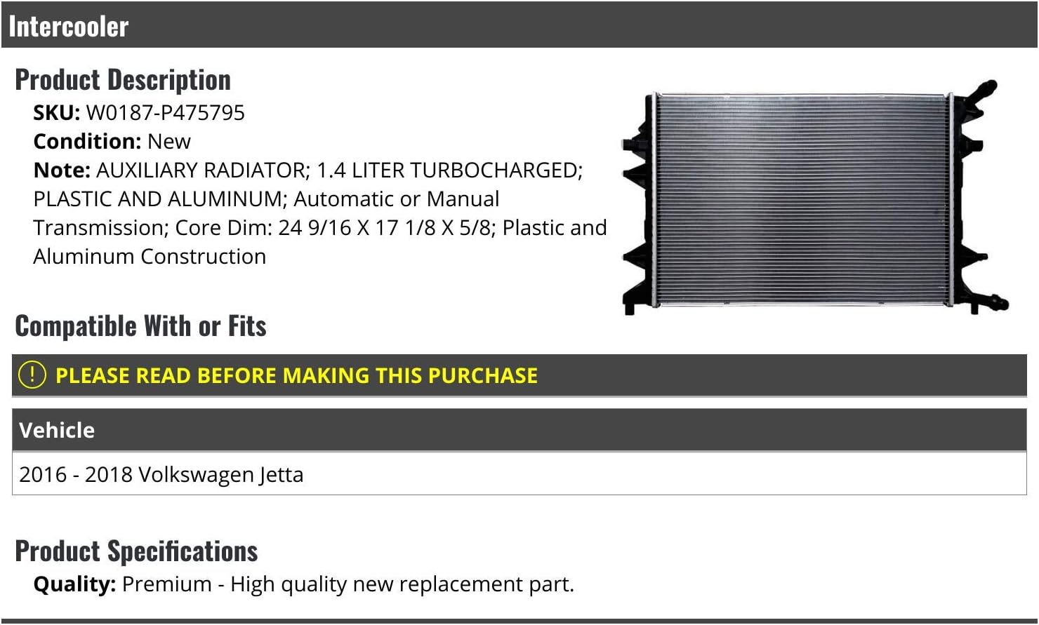 Marketplace Auto Parts Turbo Intercooler Air Cooler - Compatible with 2016-2018 Volkswagen Jetta 1.4L Turbo