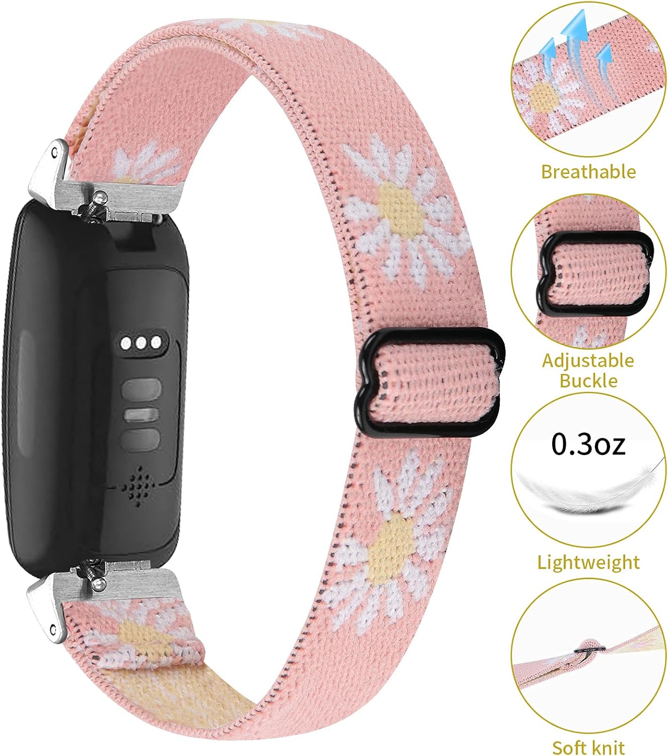 MEFEO Bands Compatible with Fitbit Inspire 2/ Inspire HR/Inspire, Elastic Adjustable Soft Strap Wristbands Accessories Replacement Bands for Men Women (Pink Flower) : Electronics