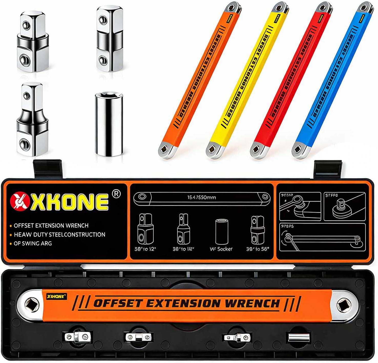 Offset Extension Wrench – Zero-degree Swing for Tight Spaces,3/8" Drive Socket Extender Tool with 1/4",3/8",1/2" Square Adapters and 1/4" Socket.