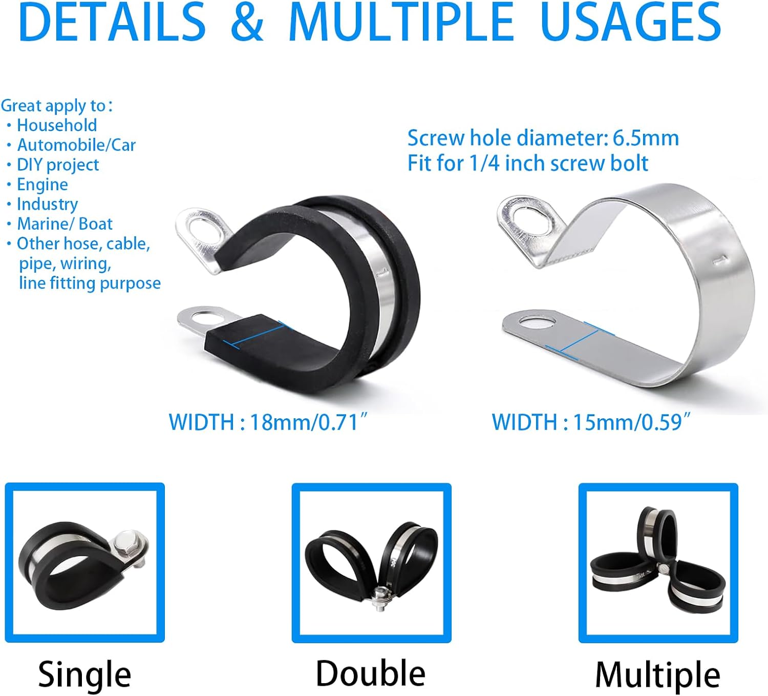 7/8 Inch Stainless Steel Cable Clamps, 20 Pcs, Rubber Cushioned Insulated Clamps, Pipe Clamp, Tube Holder for Tube, Pipe, Lines or Wire Cord Installation (7/8"(22mm))
