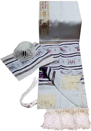 Moadim/Jewish Festivals Motifs Tallit Set in Maroon Shades with Matching Kippah 18" Long X 72" Wide