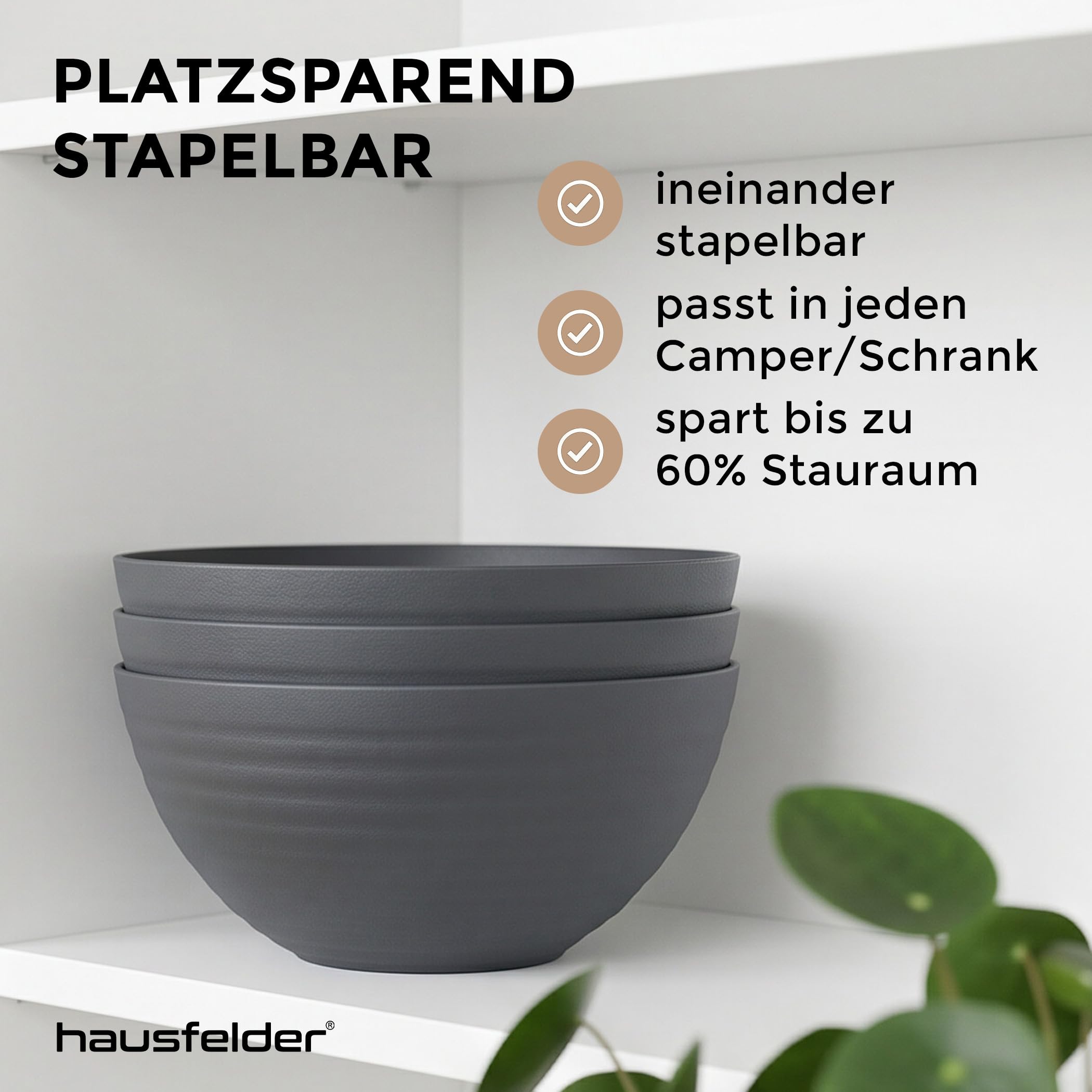 Hausfelder Salatschüssel Set 3, 3er Set, 3,3 l, Anthrazit | Kunststoff, 3er Set, 3,3 l, BPA-frei, Salatschüssel, Servierschüsseln, Matt, Schwarz, Schalen, Chipsschüsseln