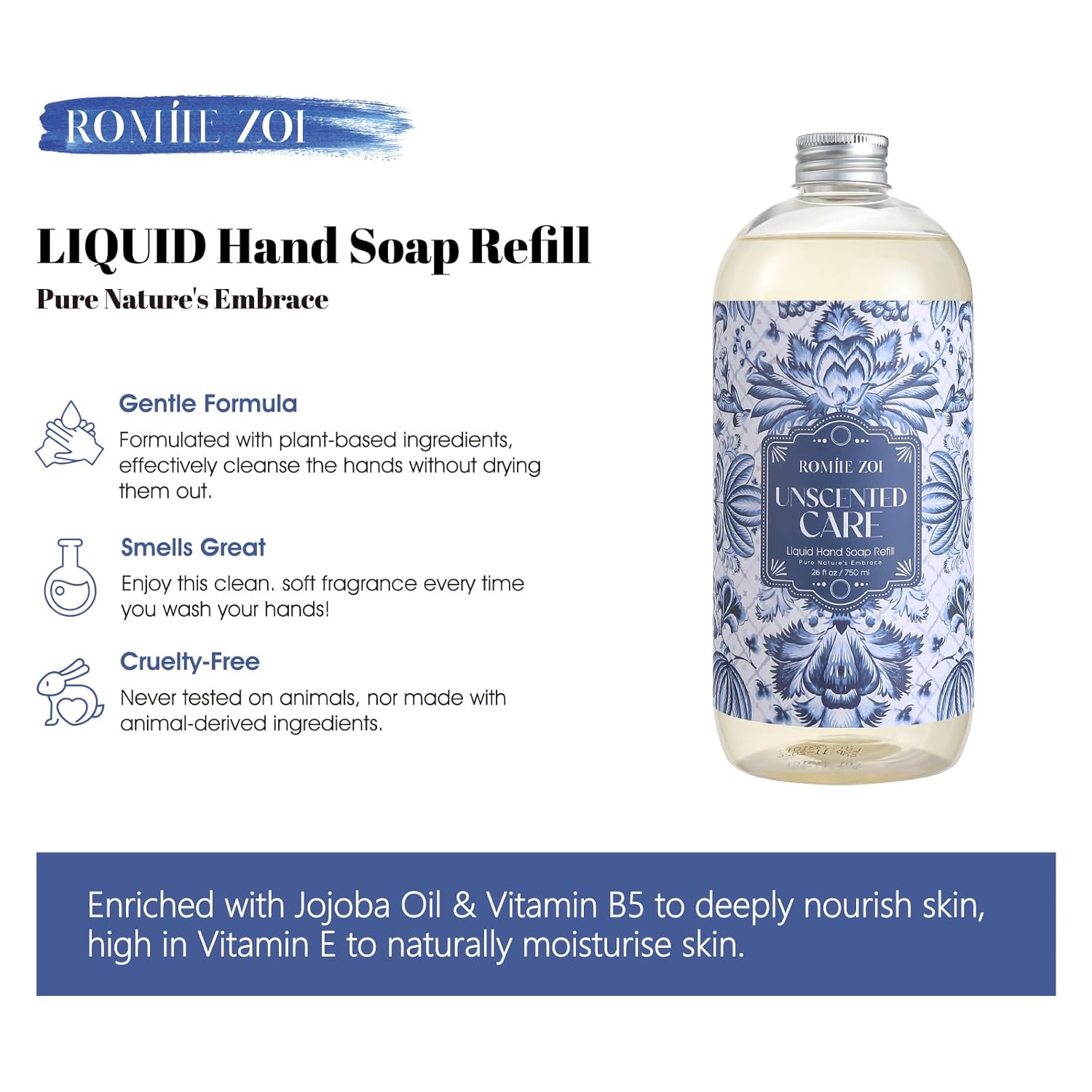 ROMIIE ZOI Liquid Hand Soap Refill, Unscented, Gentle & Moisturizing Formula, 750 ML/ 26 FL OZ - Image 6