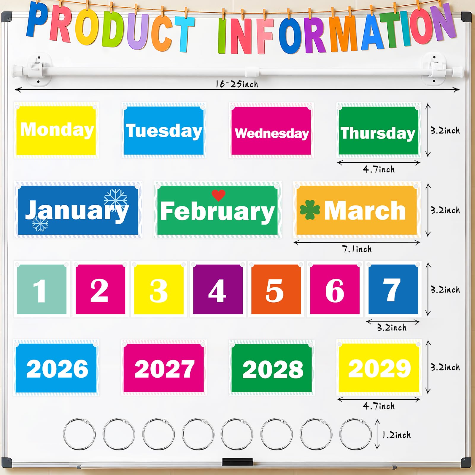 Magnetischer Stab Flip-Kalender für Klassenzimmer, bunte Kalender, Datumskarten mit verstellbarem Stab, Klassenzimmer Flip-Kalender, Pinnwand-Set für Whiteboard und Schulanfang