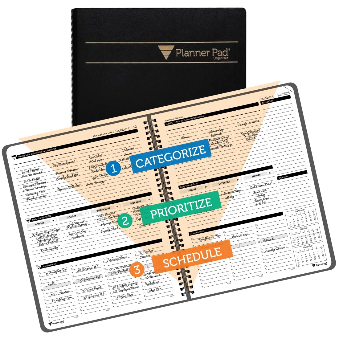 Planner Pad Organizador de 12 meses con embudo de 3 niveles encuadernado en espiral, octubre de 2025 a septiembre de 2026, cubierta negra/tinta negra, 8 1/2 x 11 pulgadas