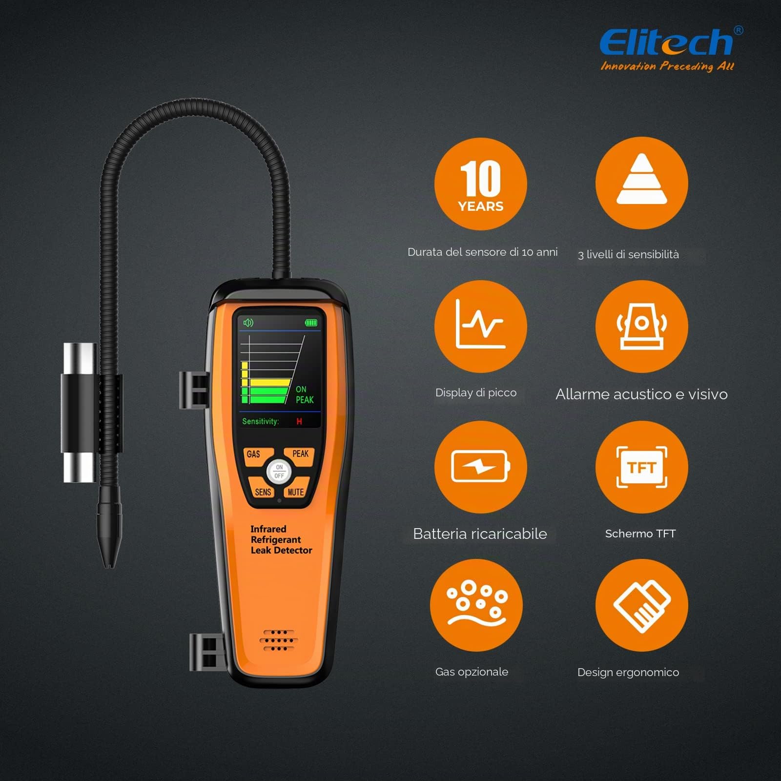 Elitech Rilevatore di Perdite di Refrigerante A Infrarossi ILD-300 Pro, R134a/R1234yf, Rilevatore di Perdite HVAC per Frigoriferi, Condizionatori, Industria Automobilistica, Pompe di Calore