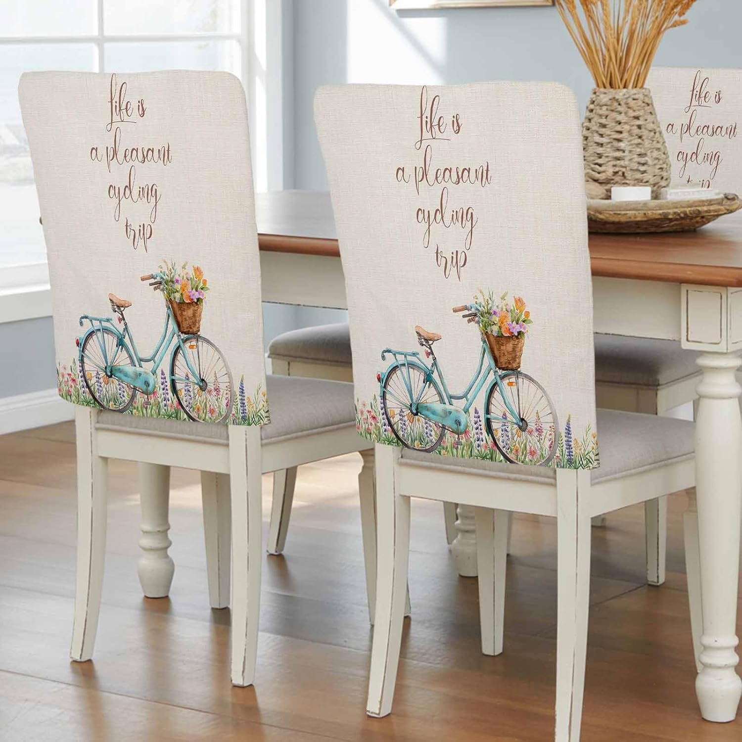 Spring Chair Back Covers Set of 6, Dining Back Chair Cover Removable Washable Back Slipcovers, Country Bicycle Botanical Blossom Wild Flowers Kitchen ChairProtector for Wedding Party Housewarming