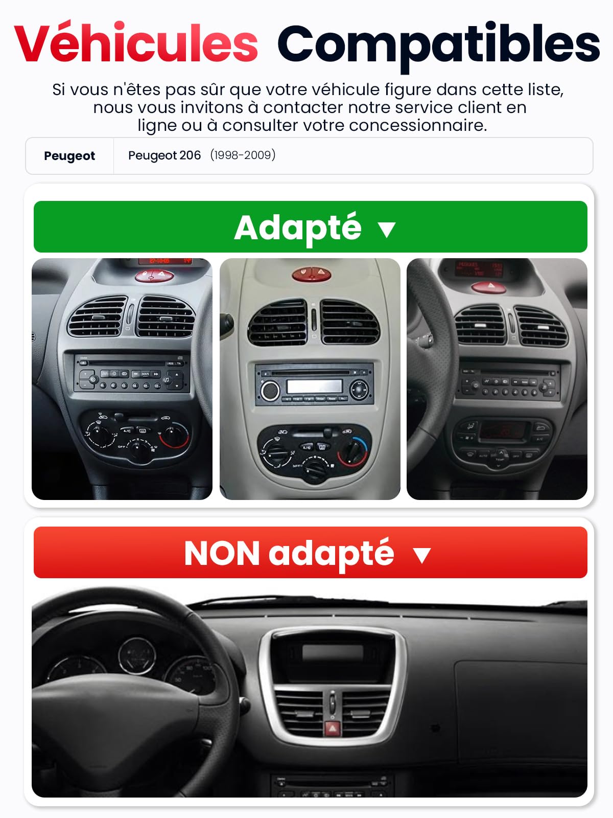 Autoradio Double DIN avec Écran pour Peugeot 206 (1998-2009), CarPlay & Android Auto sans Fil, Écran Tactile Auto 7", 4 Go+64 Go, Bluetooth WiFi 5 GHz Dab+ FM AUX GPS