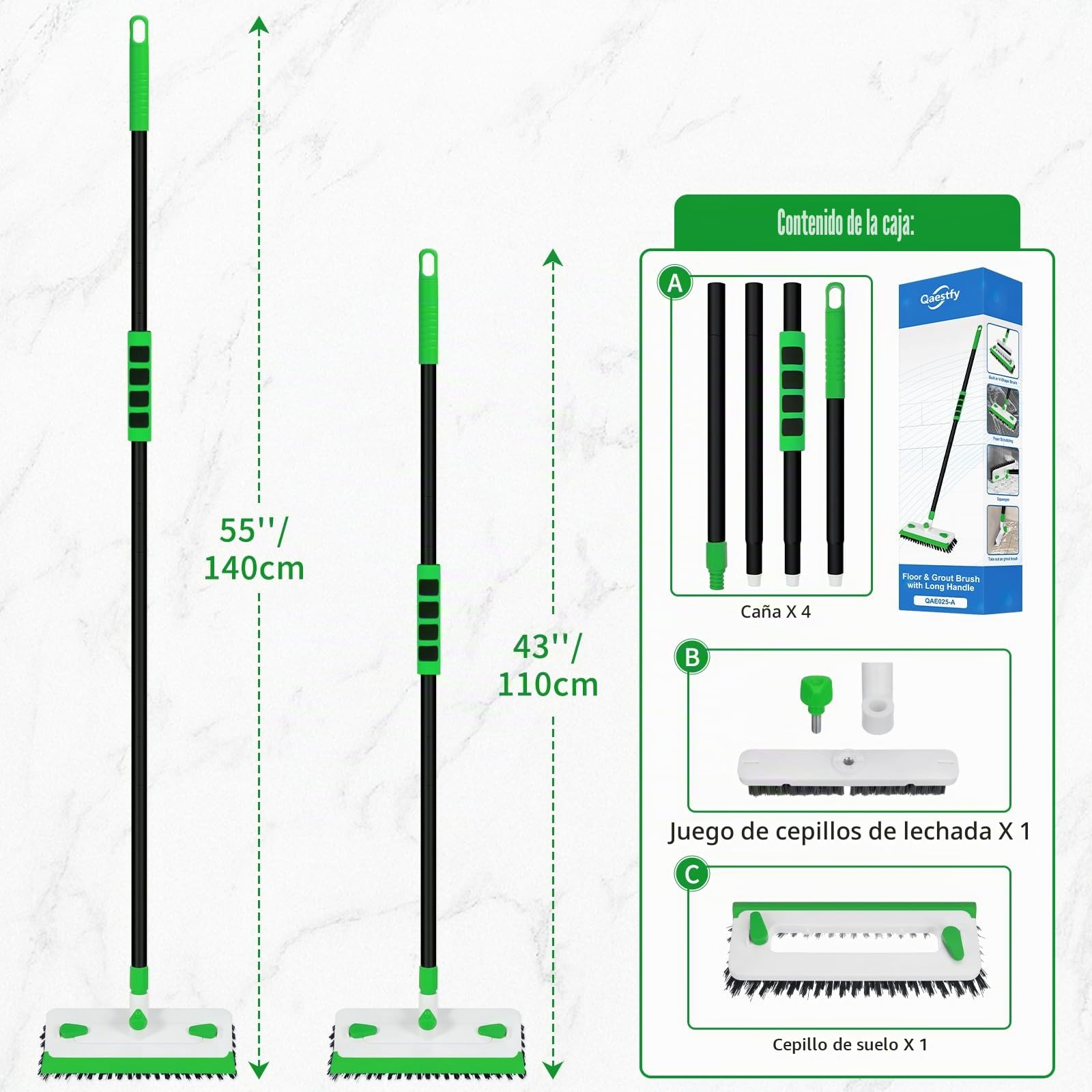 Qaestfy Cepillo Limpieza Hogar con Mango Largo 3 en 1 y escobilla de Goma 140 cm Cepillo para Juntas para Limpiar baño, Patio, Garaje, Pared, Cepillo de Limpieza de Azulejos Verde