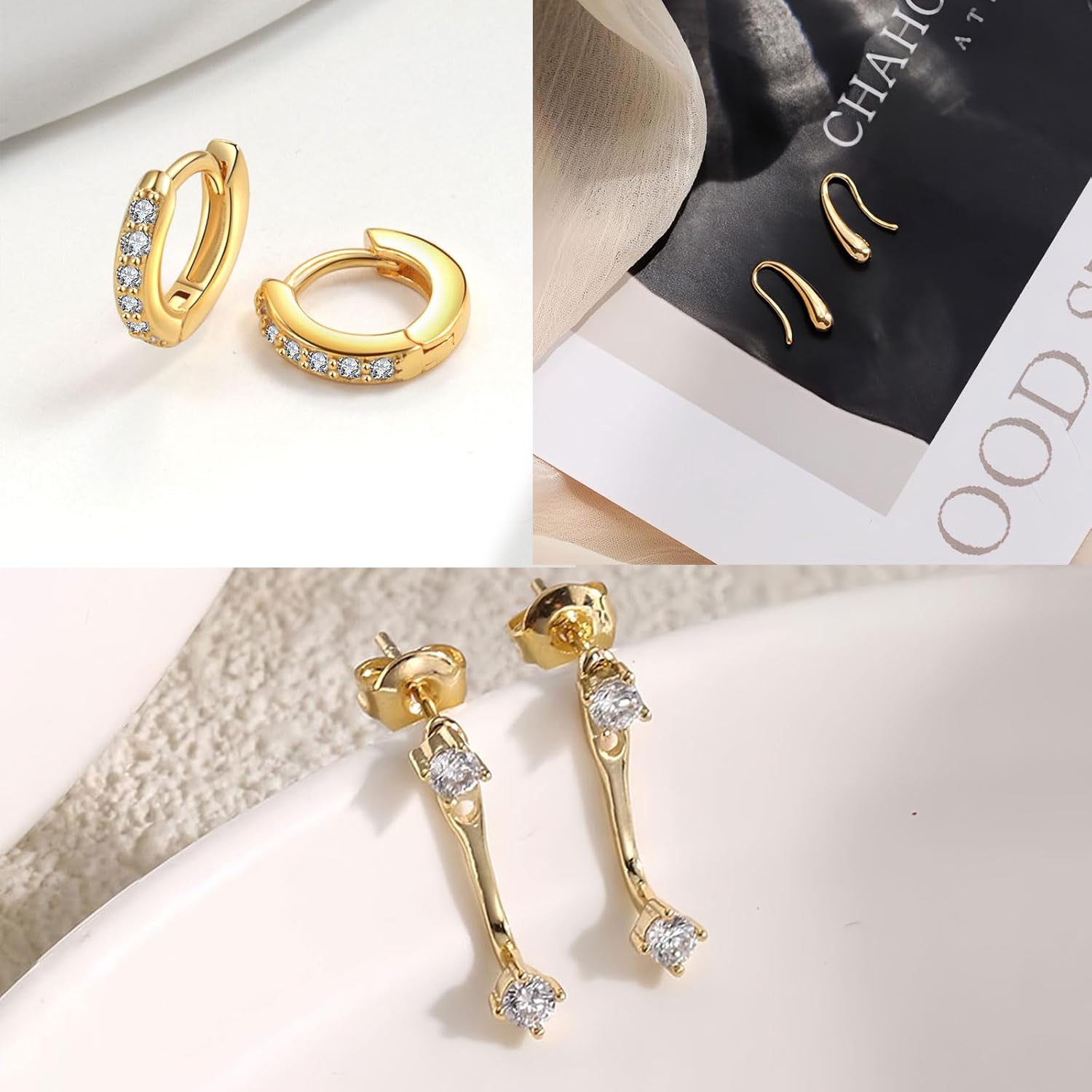 ZRU 3 Pairs Gold Stud Hoop Huggie Earrings Set for Women Men - Cartilage Studs, Small CZ Piercing, 18k Gold Plated - Dainty Trendy Gifts - Image 5