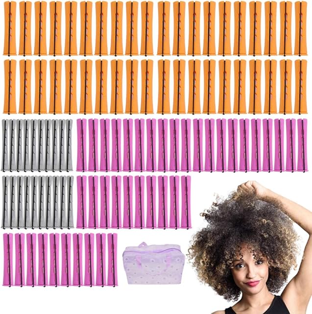 100PCS Perm Rods Set Perm Rod for Natural Hair Long Cold Wave Rods Small Hair Roller Kinky Curly Hairstyle (Purple40+Orange40+Grey20)