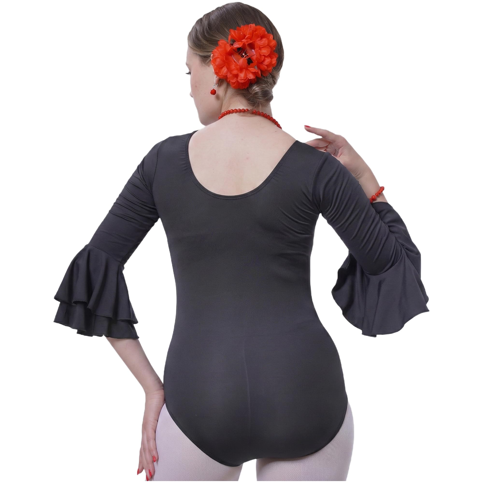 Carnavalife Body flamenco mujer negro maillot danza manga larga con volante, leotardo gimnasia ballet sevillanas, escote redondo, ribete rojo — view 3