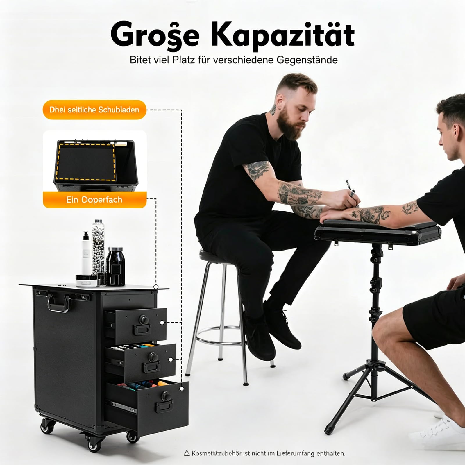 Wózek kosmetyczny ze stacją roboczą, zdejmowany statyw i podpórka pod rękę, regulacja wysokości, 3 szuflady, ciche kółka, zamek szyfrowy – do stylizacji paznokci, tatuażu, fryzjera, makijażu
