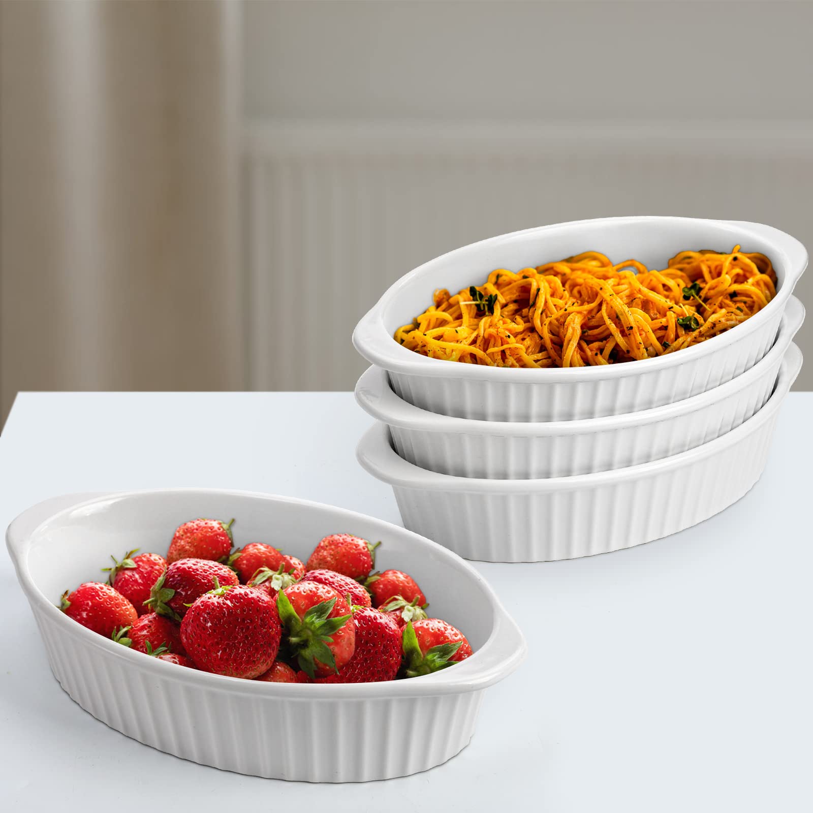 Foraineam Zestaw 4 białych porcelanowych owalnych naczyń do pieczenia, 450 ml Au Gratin Pans Małe naczynie do serwowania, patelnia do lasagne Crème Brulee zestaw naczyń do pieczenia z podwójnymi