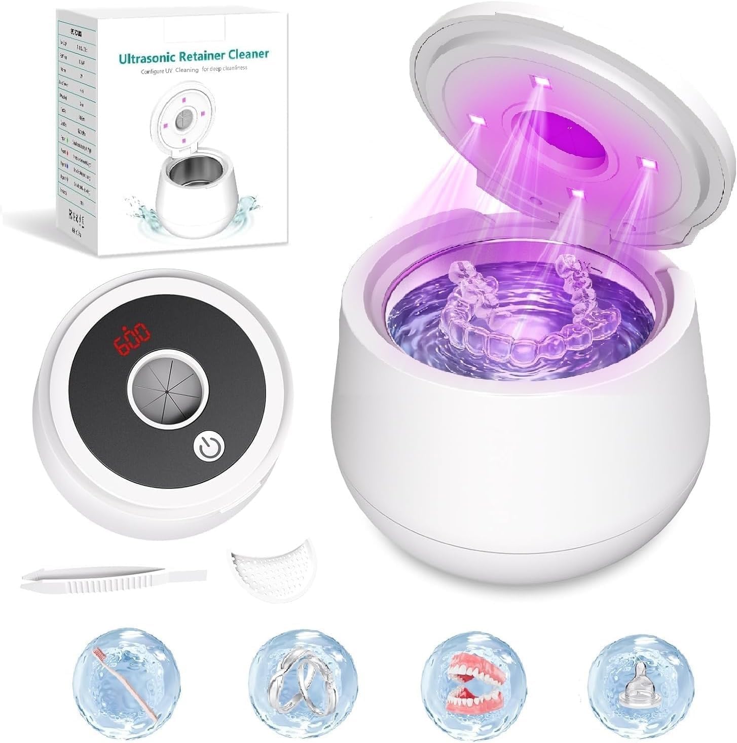 Pulitore a ultrasuoni, 45000 HZ Pulitore a ultrasuoni UV con 4 modalità di pulizia, camera di pulizia UV da 200 ml con timer digitale, per apparecchi ortodontici, ortesi, protesi, testine spazzolino