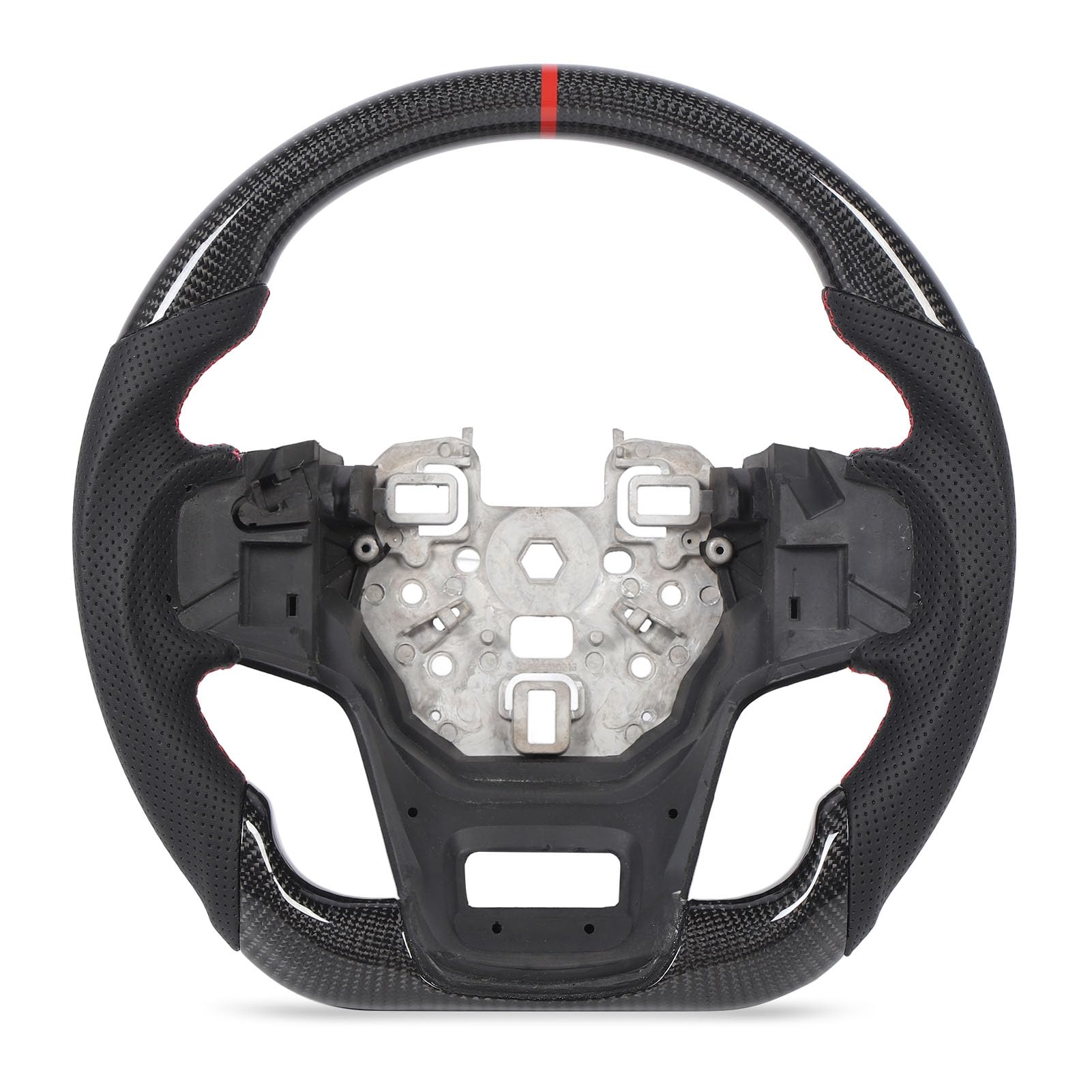 Generic Volante da in Fibra di Carbonio con Fondo Piatto e Pelle Traforata Nera per Auto Sportive Indice Rosso Ore 12