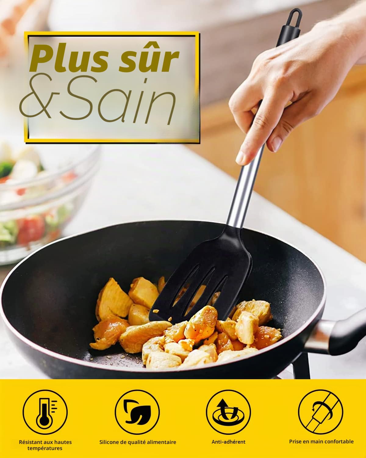 Lot de 2 spatules en silicone solides, spatules de cuisine fendues antiadhésives, ustensiles de cuisine sans BPA résistants à la chaleur élevée, ustensiles de cuisine