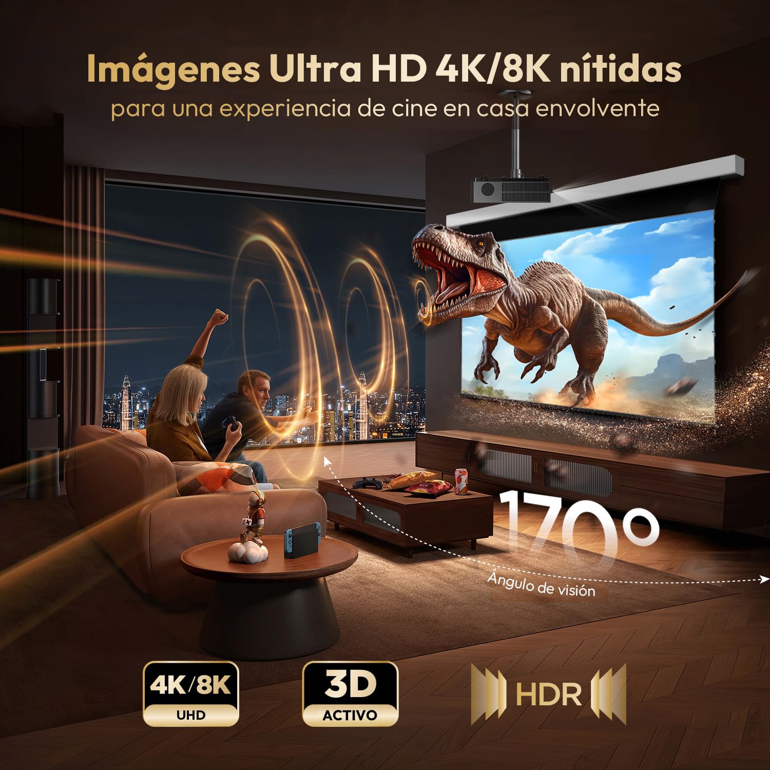 Pantalla ALR Motorizada Enrollable Proyector 120 Pulgadas | Para Proyector de Tiro Ultracorto,95% Rechazo de Luz Ambiental,Roll Down Eléctrica,4K/8K UHD,Montaje Techo/Pared,Cine en Casa