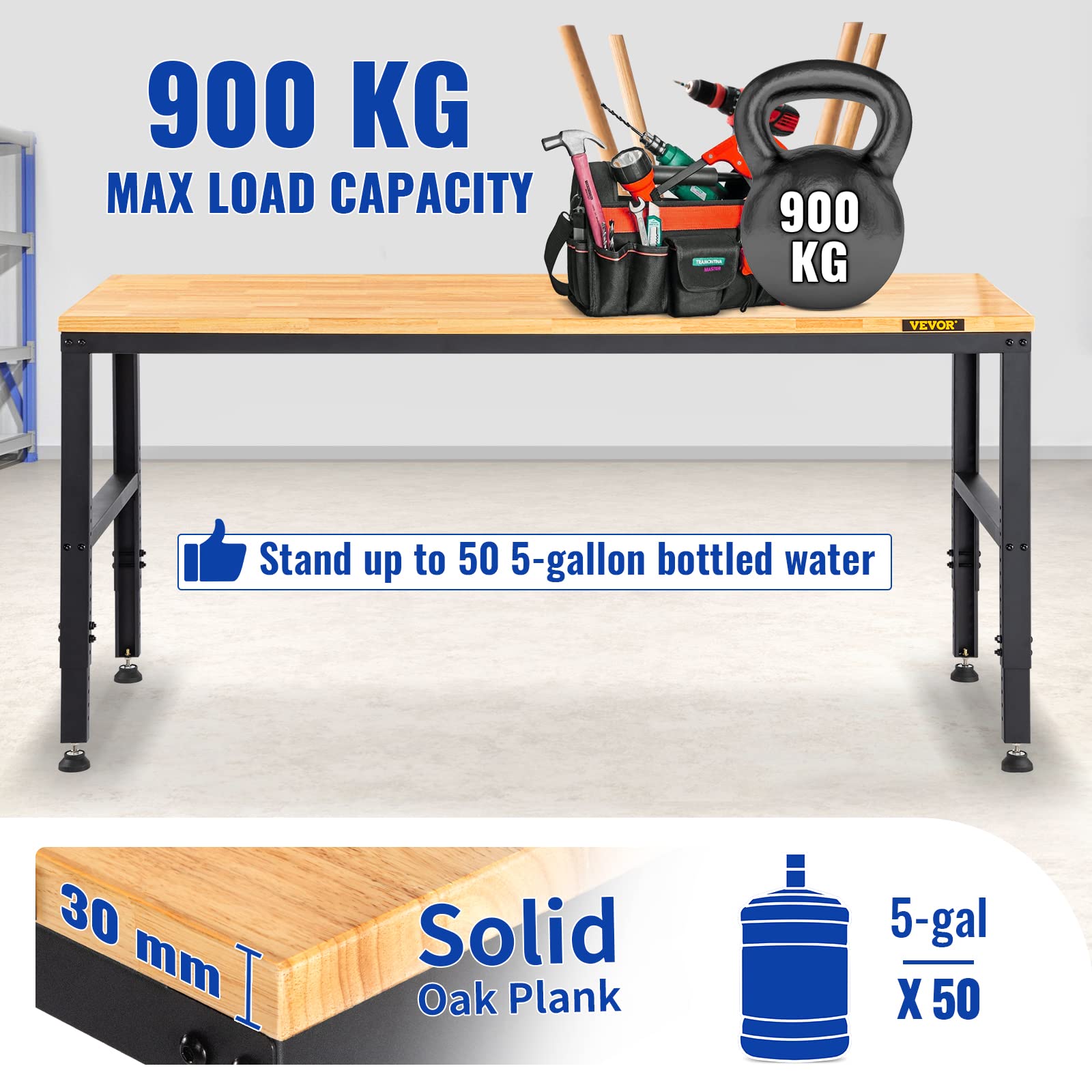VEVOR Établi Garage Atelier Tavolo da lavoro 183x64x97 cm Altezza regolabile 72-97 cm, Piano in legno duro Quadro in acciaio, Multifunzionale Robusto per la riparazione Bricolage