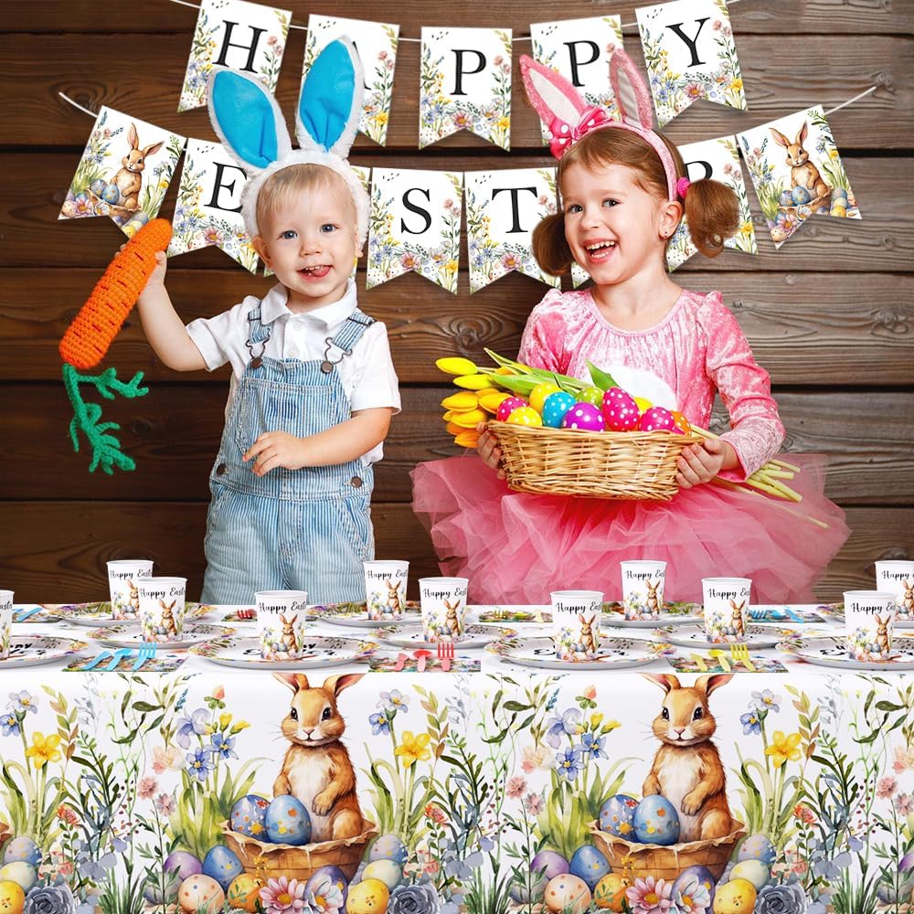 AIBIIN Easter Party Supplies, Happy Easter Party Tableware Set, Happy Easter Banner, Bunny Paper Plates Napkins Cups for Easter Spring Party Decorations