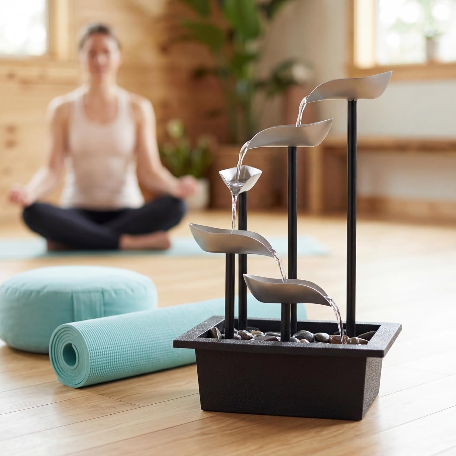 Tabletop Water Fountain, Modern Indoor Waterfall Feature with LED Light, Soothing Zen Desktop Fountain for Home Office Bedroom Relaxation Decor 13.7 Inch