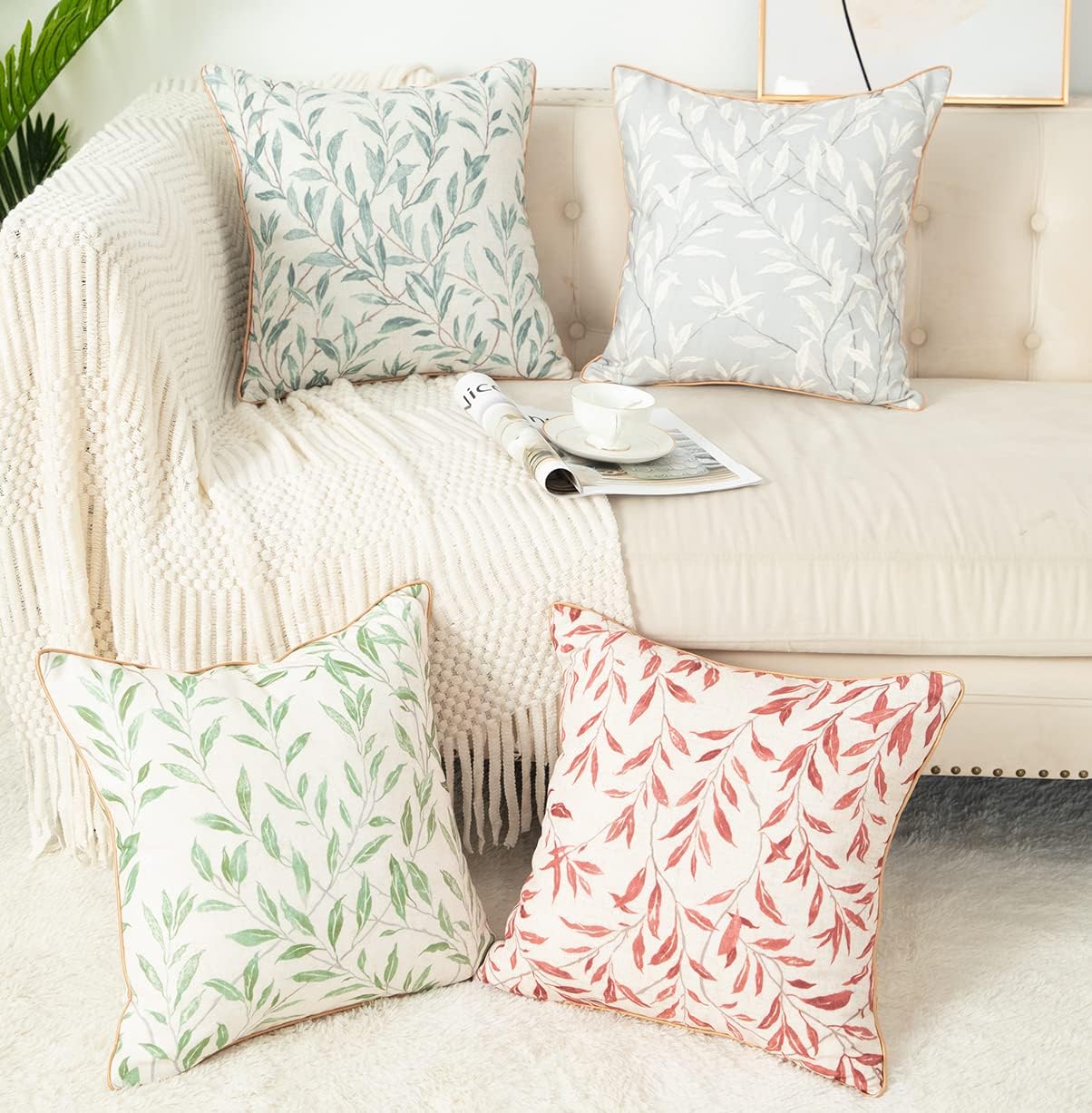 VOGOL Set of 2 20 x 20 Inches Throw Pillow Covers, Modern Country Grey Leaves Farmhouse Sofa Throw Cushion Cover, Home Decorative Throw Pillowcases for Couch Bed Car
